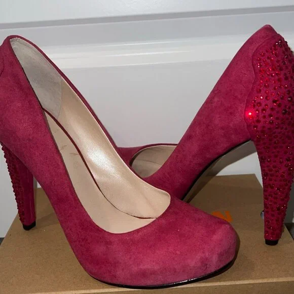 Nine West Pink Suede High Crystals Embellished Heels - Picture 3 of 10
